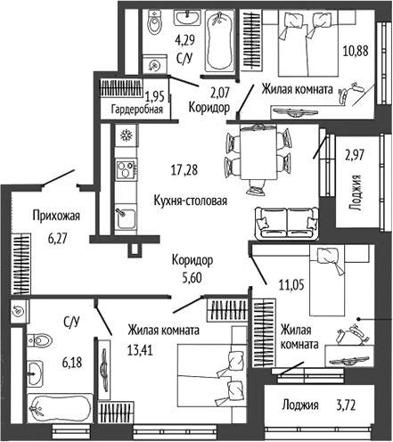 Планировка 3-к, 82,33 м² в ЖК Орбита на Титова