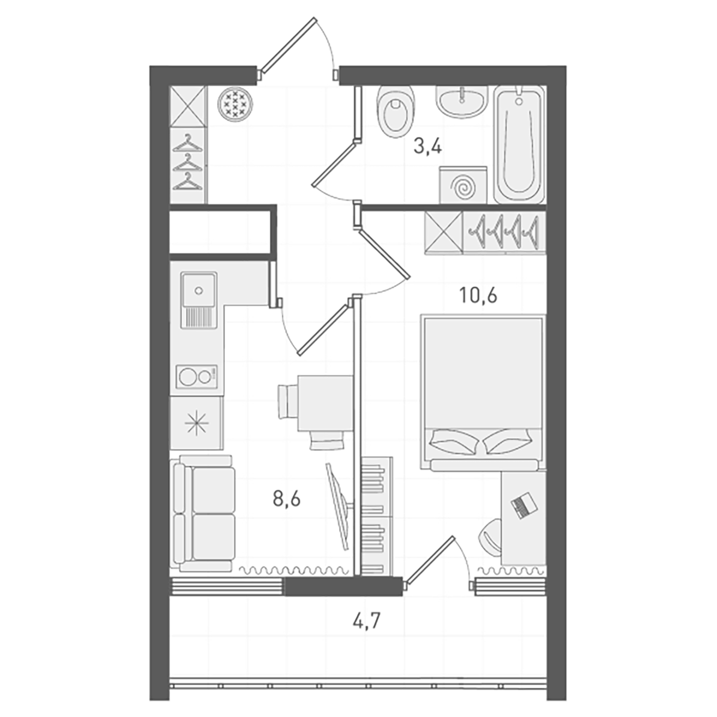 Планировка 1-к.кв, 29.8 м² в ЖК Основинские кварталы