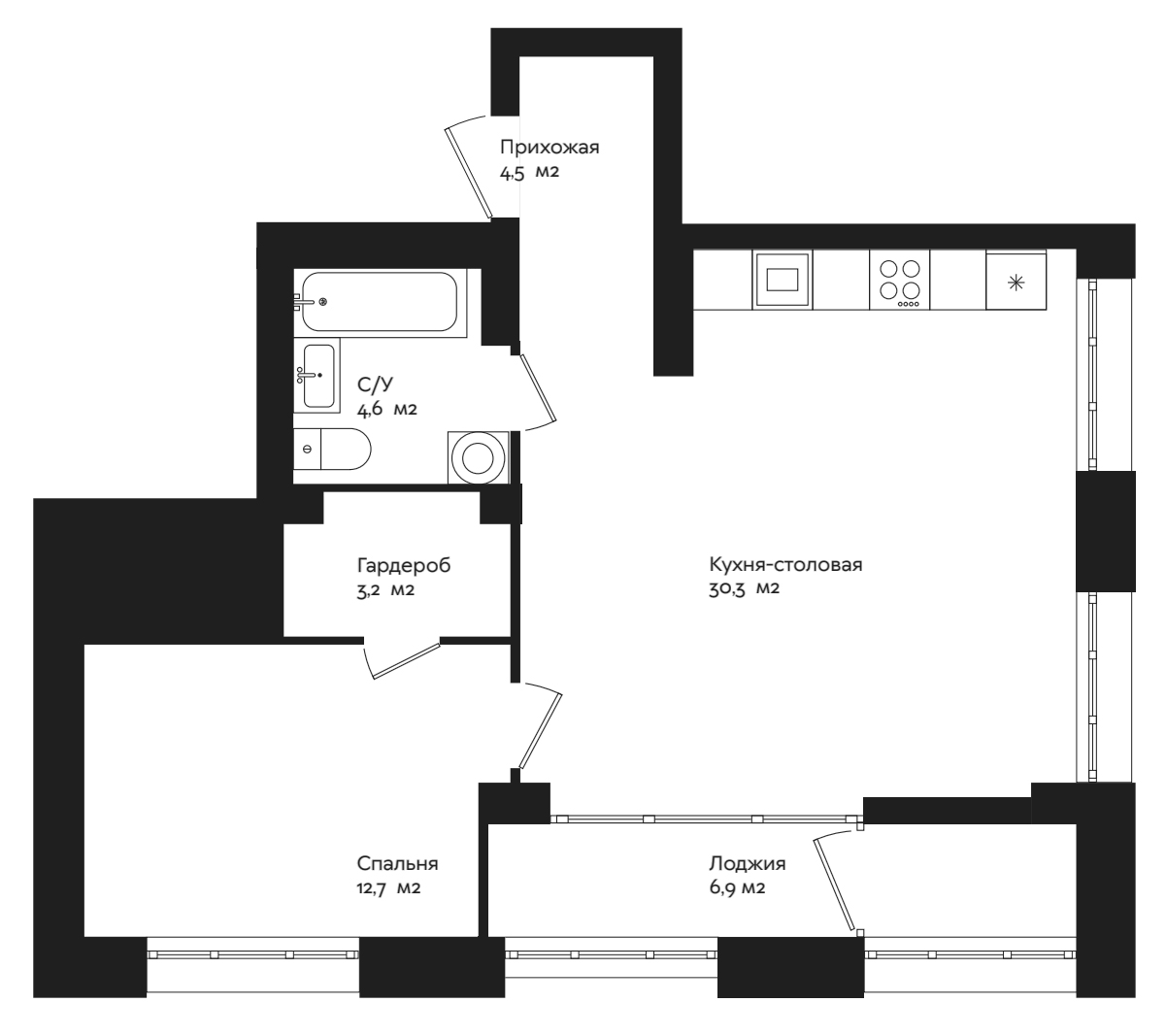 Планировка 1-к.кв, 58,8 м² в ЖК Отдельный, 5