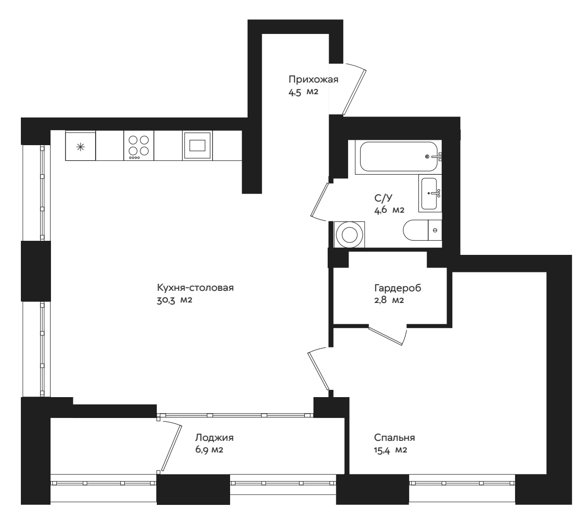 Планировка 1-к.кв, 61,1 м² в ЖК Отдельный, 5