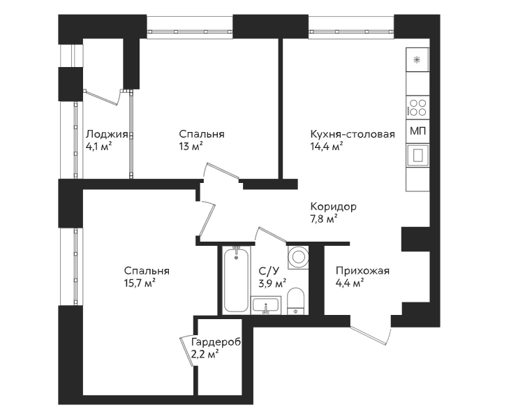 Планировка 2-к.кв, 63,5 м² в ЖК Отдельный, 5