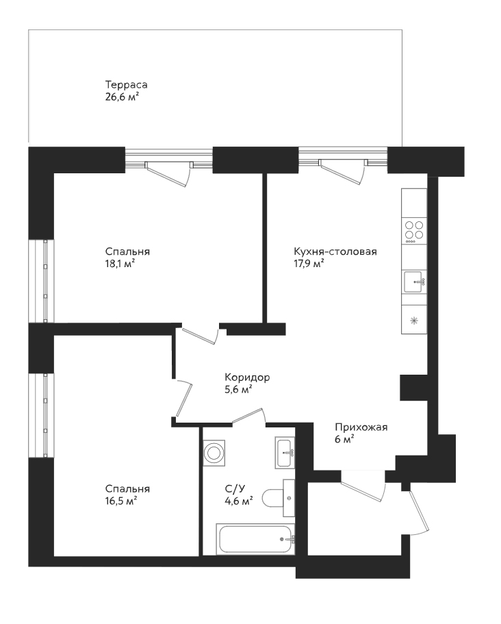 Планировка 2-к.кв, 78,7 м² в ЖК Отдельный, 5
