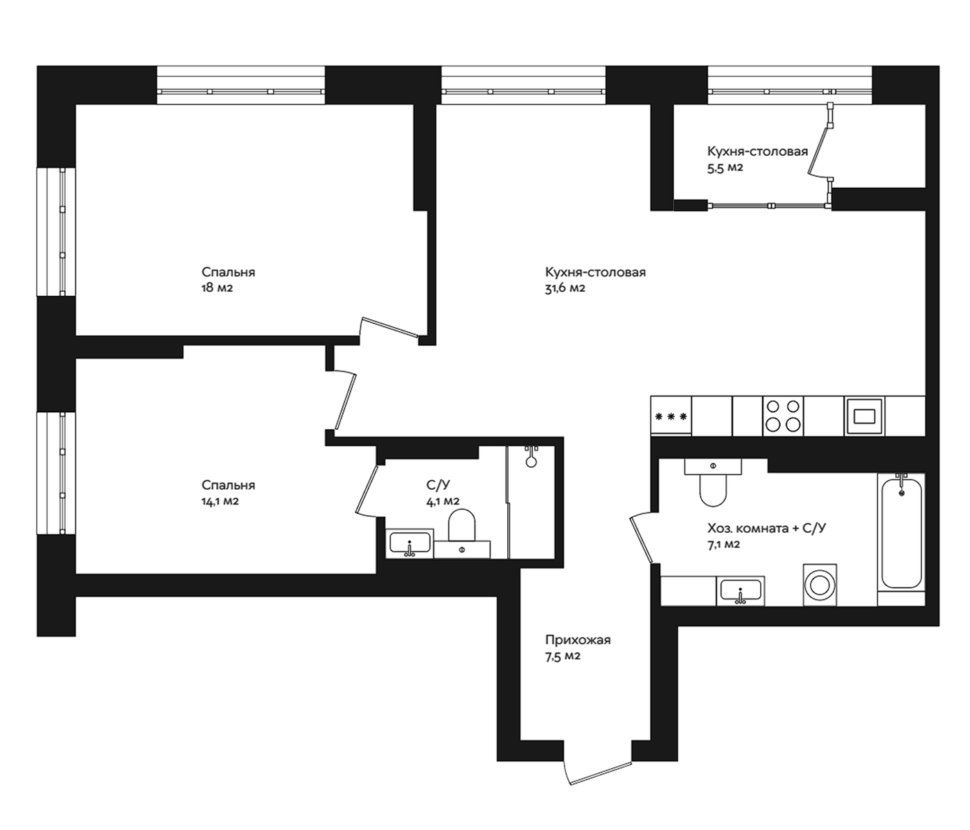 Планировка 2-к.кв, 85,1 м² в ЖК Отдельный, 5