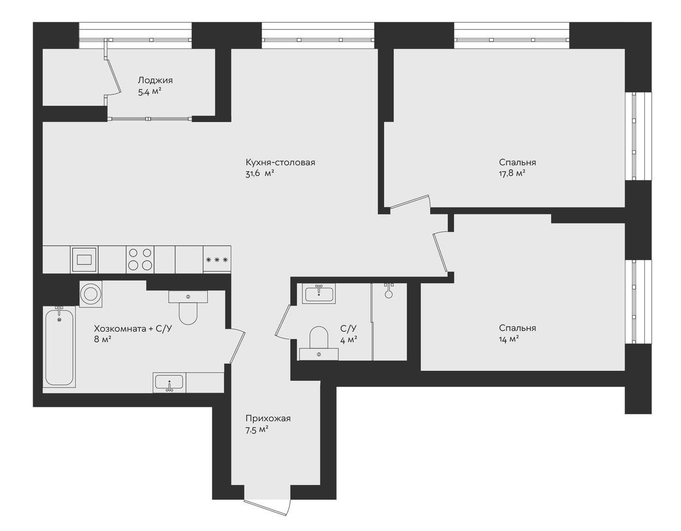 Планировка 2-к.кв, 85,5 м² в ЖК Отдельный, 5