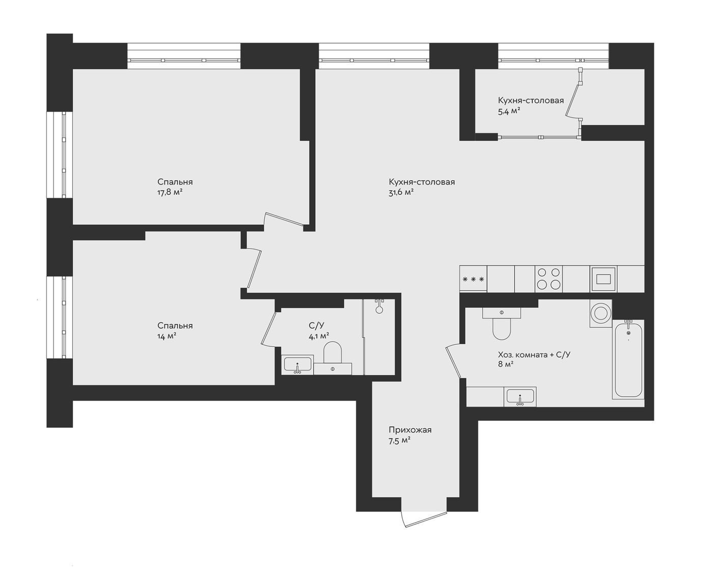 Планировка 2-к.кв, 85,6 м² в ЖК Отдельный, 5