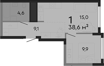 Планировка 1-к.кв, 38,6 м² в ЖК Парк культуры
