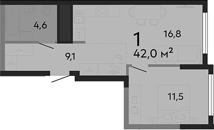 Планировка 1-к.кв, 42 м² в ЖК Парк культуры