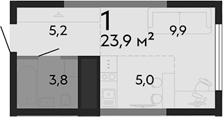Планировка Студия, 23,9 м² в ЖК Парк культуры