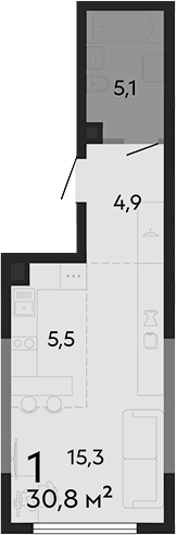 Планировка Студия, 30,8 м² в ЖК Парк культуры