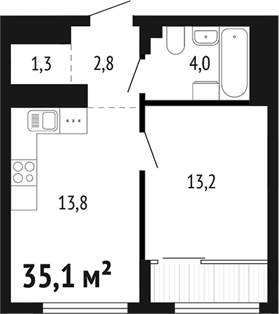 Планировка 1-к.кв, 35,1 м² в ЖК Парк Победы