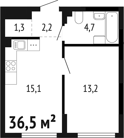 Планировка 1-к.кв, 36,5 м² в ЖК Парк Победы