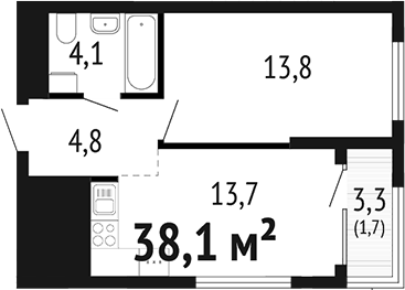 Планировка 1-к.кв, 38,1 м² в ЖК Парк Победы