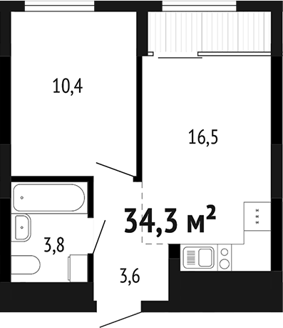 Планировка 2Е-к.кв, 34,3 м² в ЖК Парк Победы
