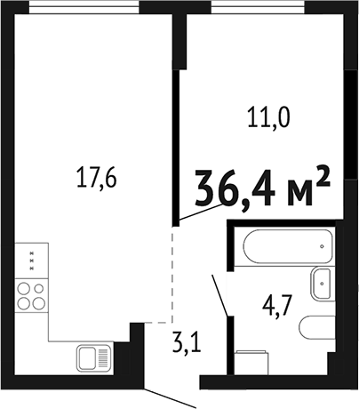 Планировка 2Е-к.кв, 36,4 м² в ЖК Парк Победы