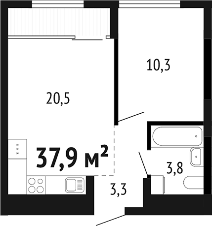 Планировка 2Е-к.кв, 37,9 м² в ЖК Парк Победы