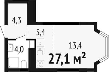 Планировка Студия, 27,1 м² в ЖК Парк Победы