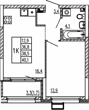Планировка 1-к.кв, 38.5 м² в ЖК Парковый квартал 2.0
