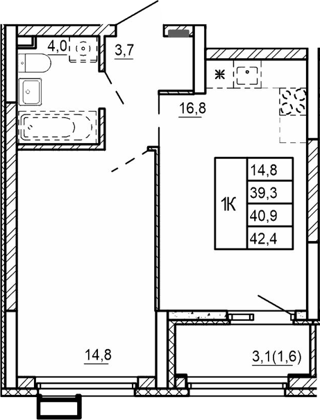 Планировка 1-к.кв, 40.9 м² в ЖК Парковый квартал 2.0