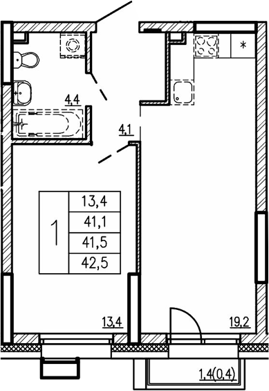 Планировка 1-к.кв, 41.5 м² в ЖК Парковый квартал 2.0