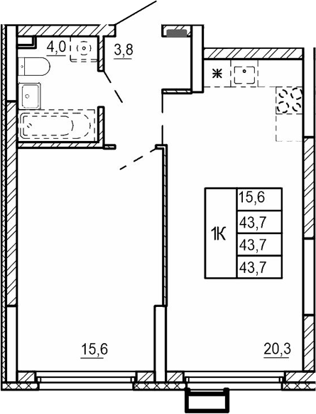 Планировка 1-к.кв, 43.7 м² в ЖК Парковый квартал 2.0