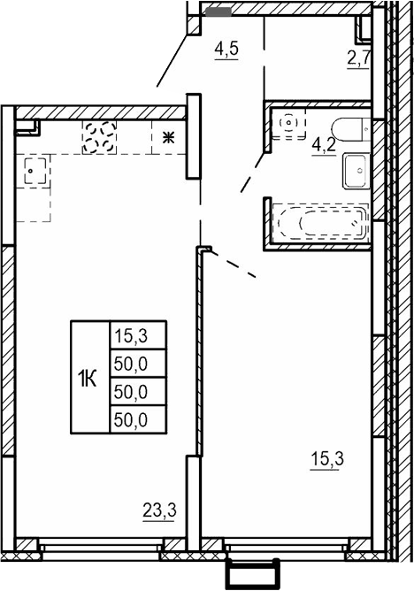 Планировка 1-к.кв, 50 м² в ЖК Парковый квартал 2.0