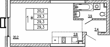 Планировка Студия, 29.3 м² в ЖК Парковый квартал 2.0