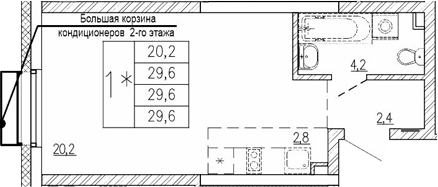 Планировка Студия, 29.6 м² в ЖК Парковый квартал 2.0