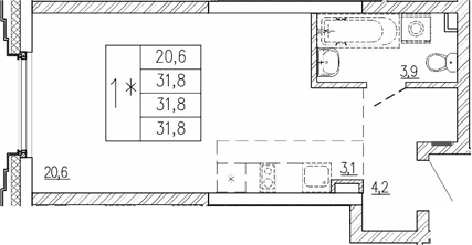 Планировка Студия, 31.8 м² в ЖК Парковый квартал 2.0