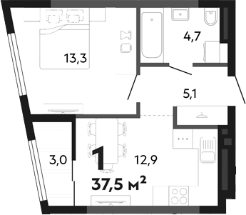 Планировка 1-к.кв, 37,5 м² в ЖК Парковый квартал