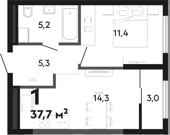 Планировка 1-к.кв, 37,7 м² в ЖК Парковый квартал