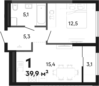 Планировка 1-к.кв, 39,9 м² в ЖК Парковый квартал