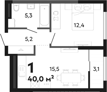 Планировка 1-к.кв, 40 м² в ЖК Парковый квартал