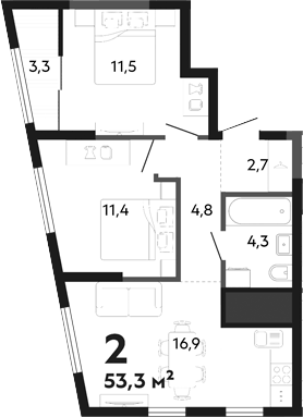 Планировка 2-к, 53,3 м² в ЖК Парковый квартал