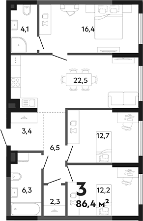 Планировка 3-к, 86,4 м² в ЖК Парковый квартал