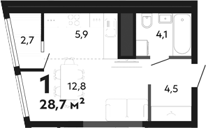 Планировка Студия, 28,7 м² в ЖК Парковый квартал