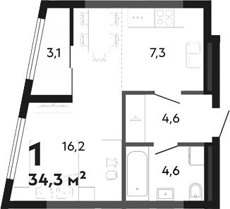 Планировка Студия, 34,3 м² в ЖК Парковый квартал