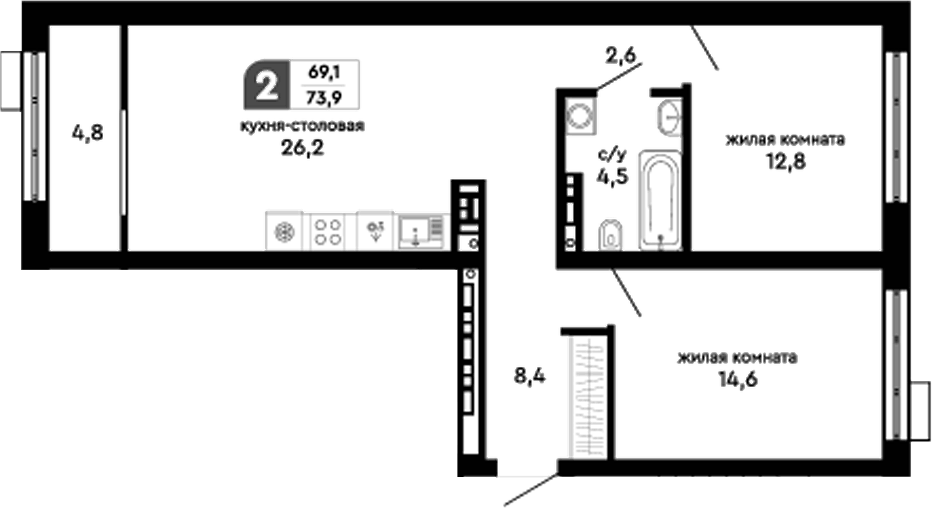 Планировка 2-к.кв, 73,9 м² в ЖК Парковый