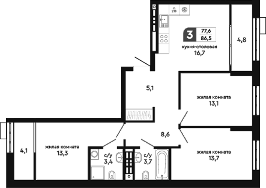 Планировка 3-к.кв, 86,5 м² в ЖК Парковый