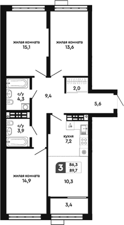 Планировка 3-к.кв, 89,7 м² в ЖК Парковый