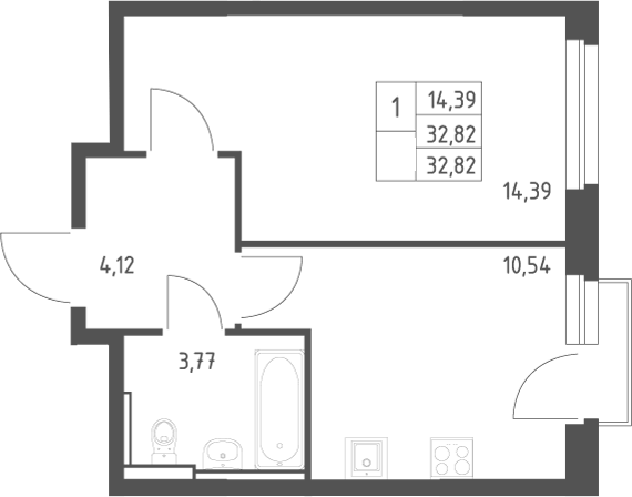 Планировка 1-к.кв, 32,82 м² в ЖК Пайер