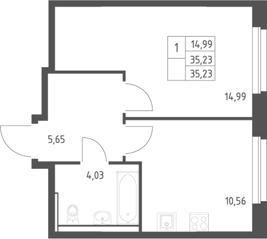 Планировка 1-к.кв, 35,23 м² в ЖК Пайер