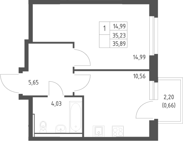 Планировка 1-к.кв, 35,89 м² в ЖК Пайер