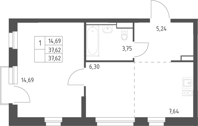 Планировка 1-к.кв, 37,62 м² в ЖК Пайер