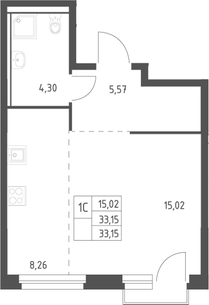 Планировка Студия, 33,15 м² в ЖК Пайер