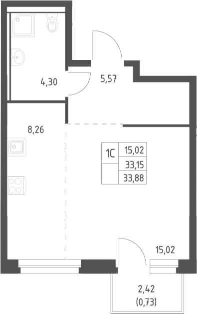 Планировка Студия, 33,88 м² в ЖК Пайер