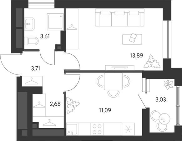 Планировка 1-к.кв, 35,8 м² в ЖК Первый Академ
