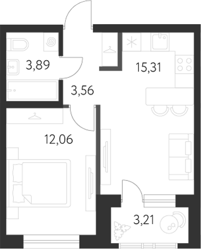 Планировка 1-к.кв, 36,4 м² в ЖК Первый Академ