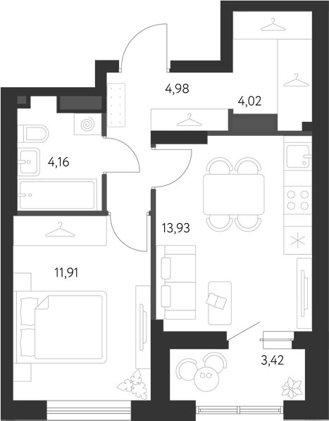 Планировка 1-к.кв, 39,7 м² в ЖК Первый Академ