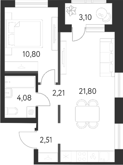 Планировка 1-к.кв, 43 м² в ЖК Первый Академ