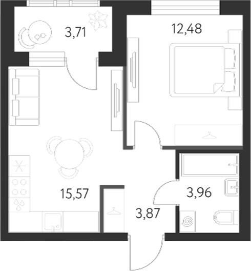 Планировка 2Е-к, 37,7 м² в ЖК Первый Академ